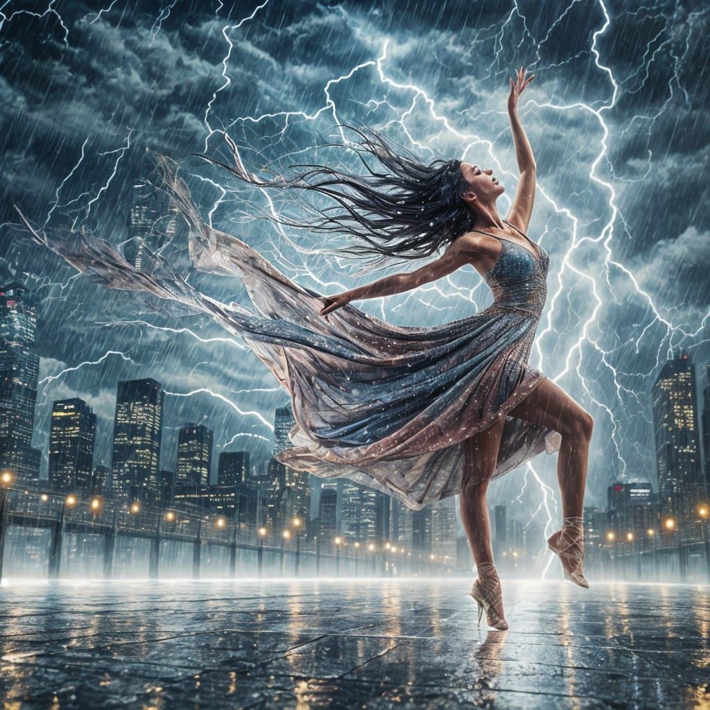 Dancer in Rainy Cityscape with Lightning