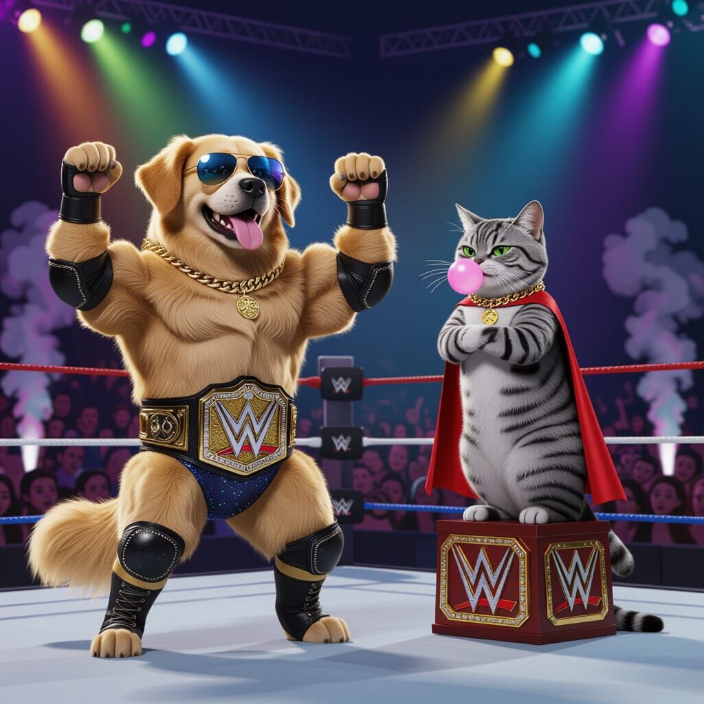 Jacked Retriever and Smug Cat in Wrestling Ring