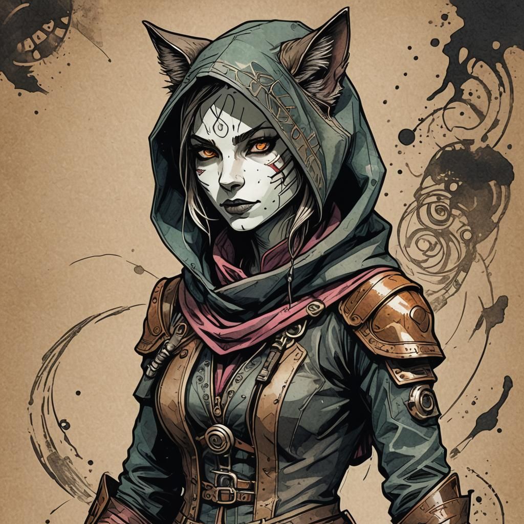 Catfolk Rogue in Steampunk Sketchnote Style