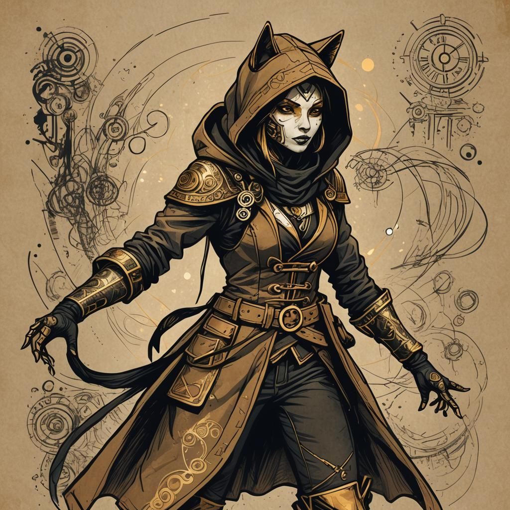 Steampunk Catfolk Rogue in Dark Fantasy Sketchnote