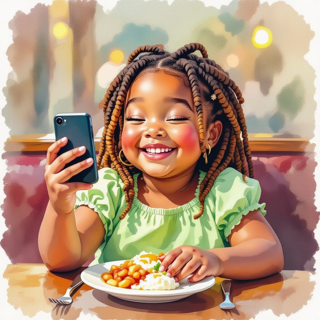 Smiling Girl Photographing Dinner, Watercolor Style