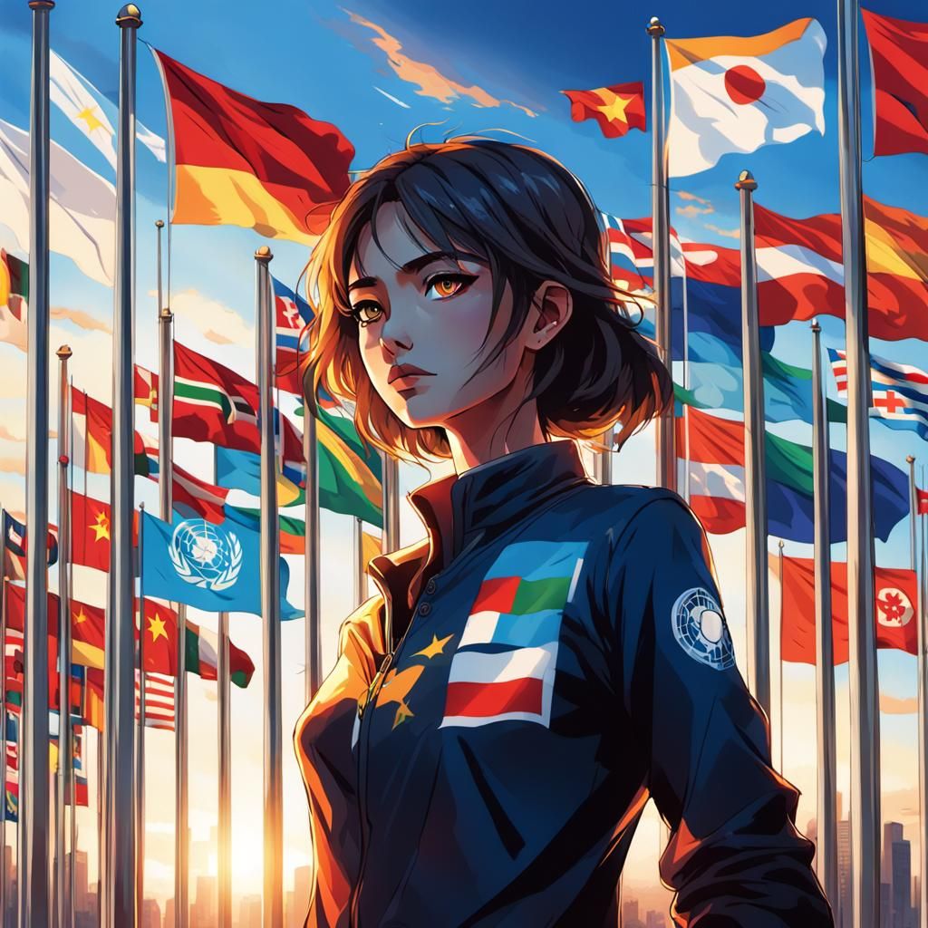 Ethereal Anime Woman Surrounded by Nations' Flags in Vibrant...