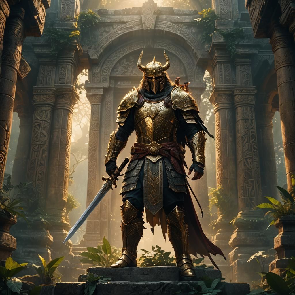 Majestic Warrior in Ancient Temple: Digital Art