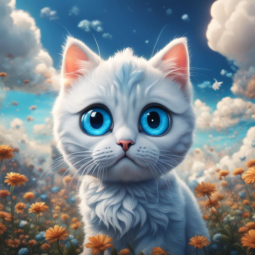 Cute Cat with Big Blue Eyes in Clouds