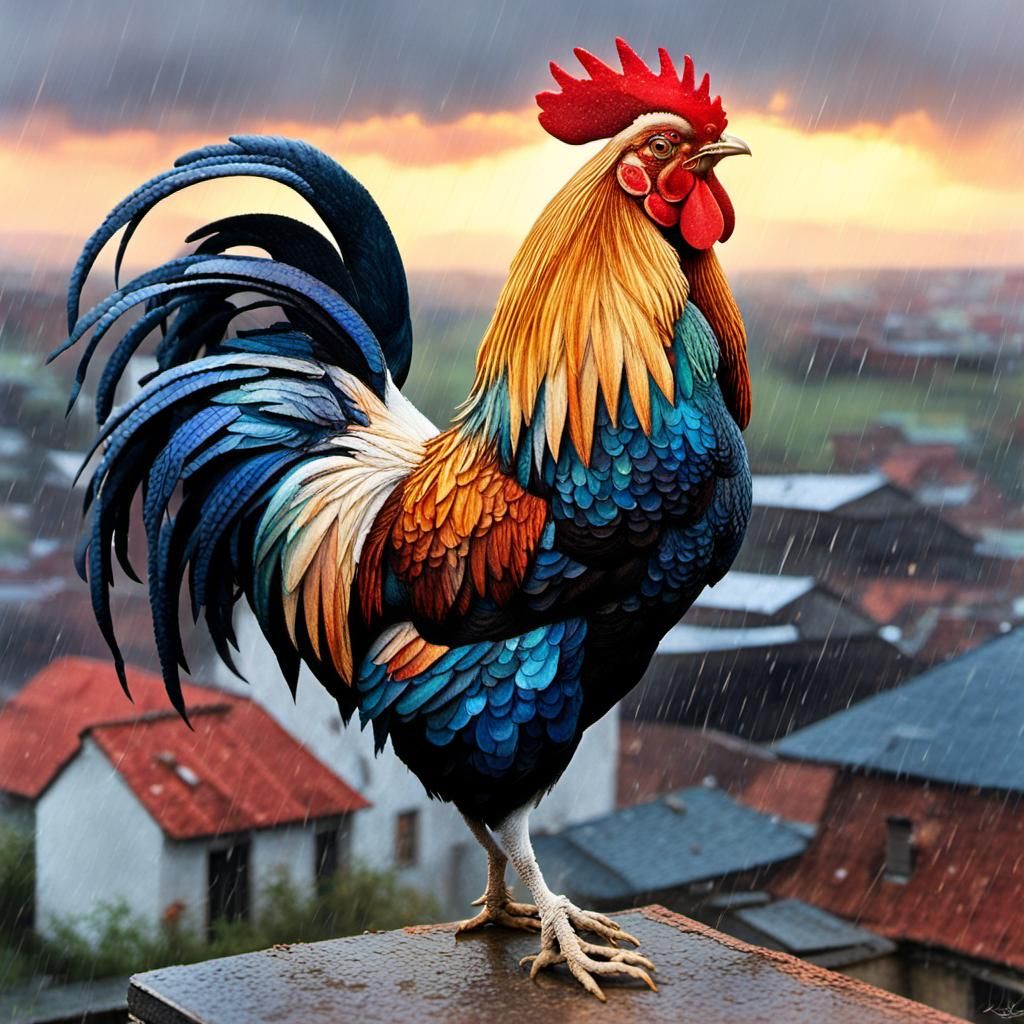 Colorful Rooster Crowing on Rainy Morning Rooftop