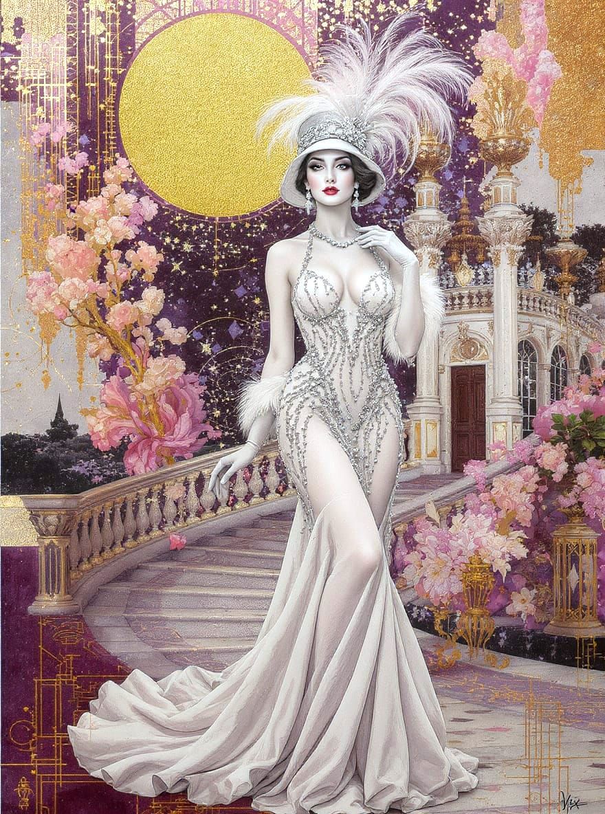 Klimt Inspired Woman in Beaded Flapper Dress