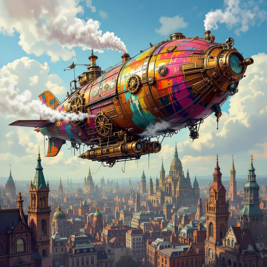 Steampunk Airship Over Victorian City in Graffiti Art Style