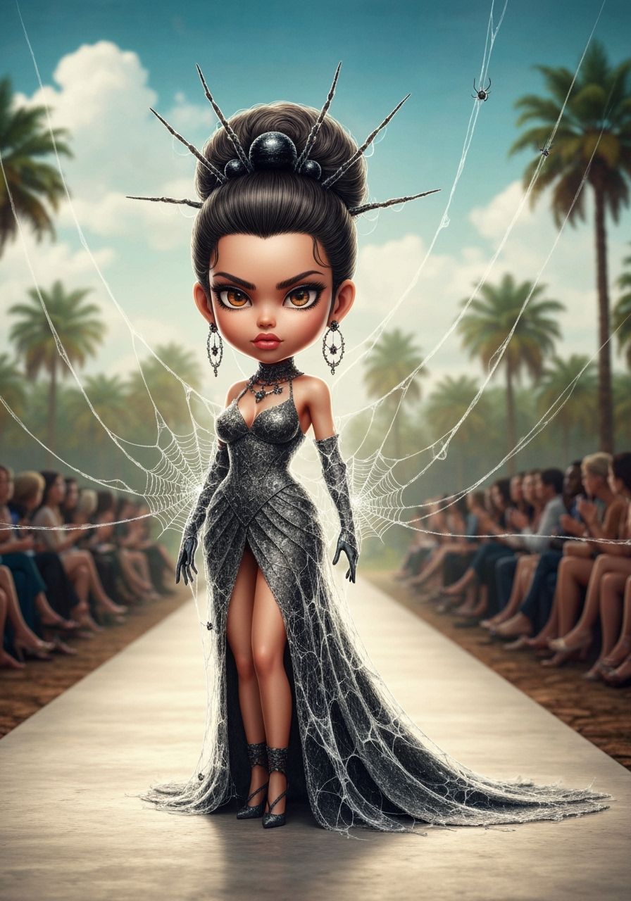 Chibi Manga Woman in Black Widow Silk Haute Couture