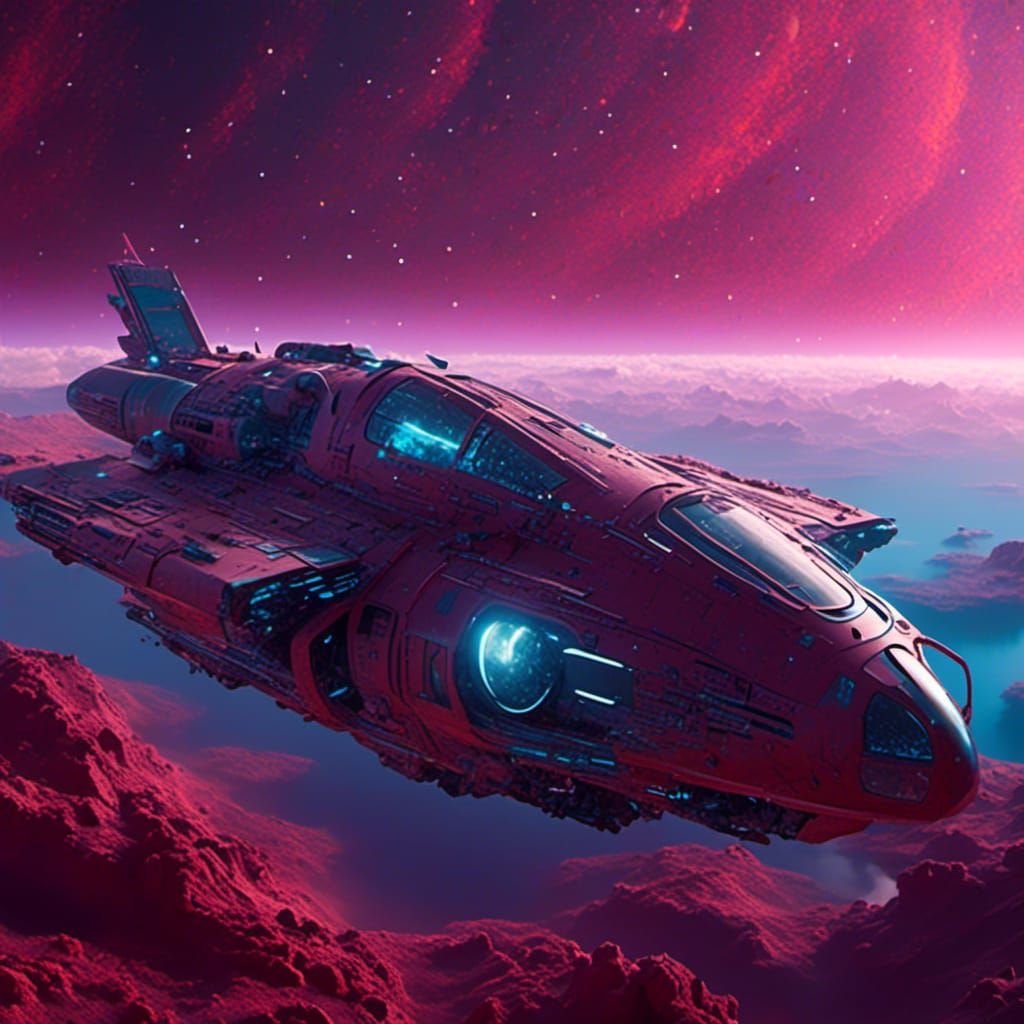 Sci-Fi Spaceship Over Nebula in Digital Matte Painting