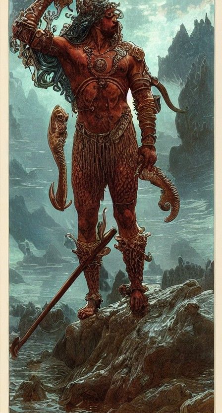 Atlantean Merman Warrior in Eldritch Horror Style