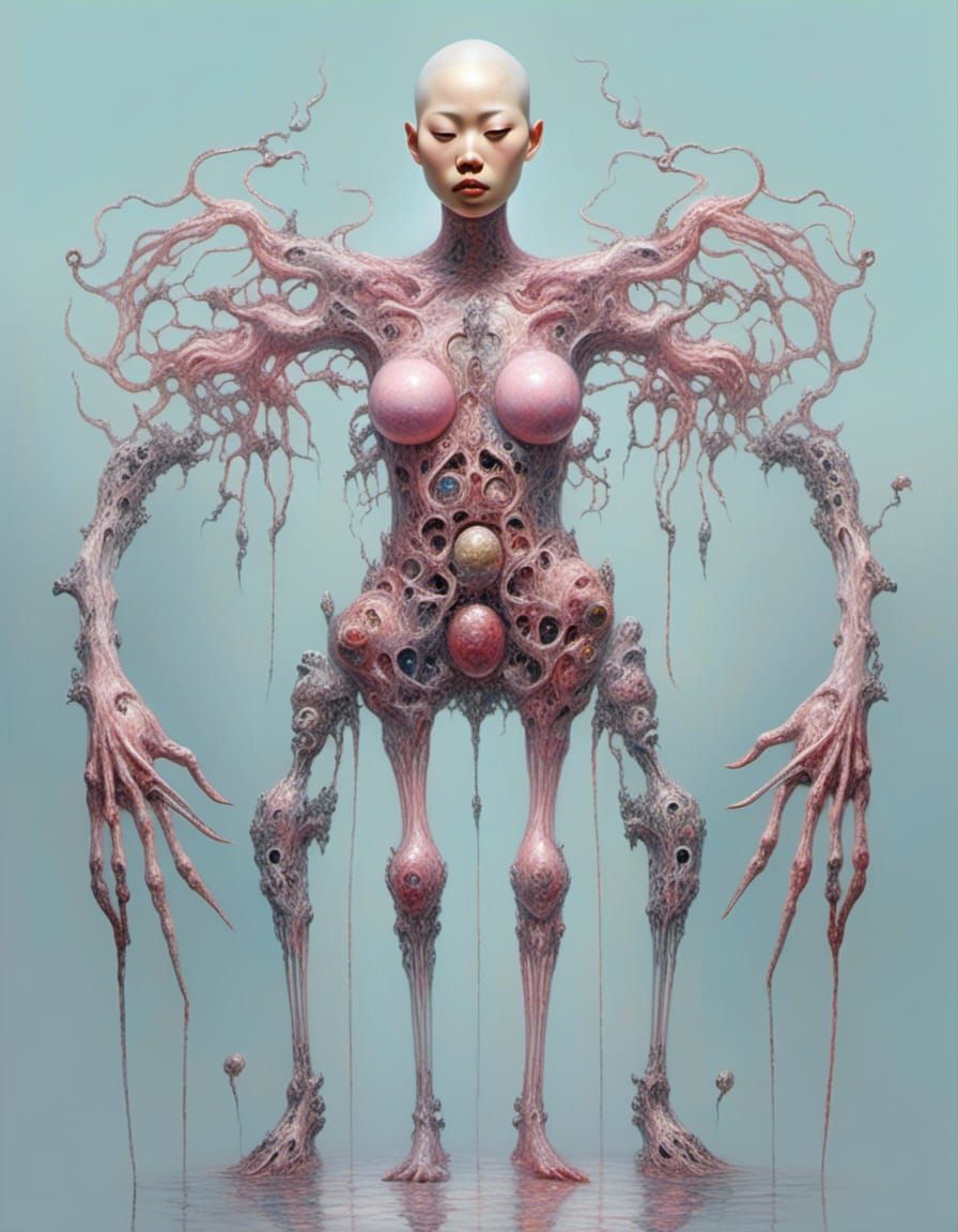 <lora:Impax:1.0> Transparent equine bald asian woman with spread arms and strange internal organs grotesque pendulous ph...