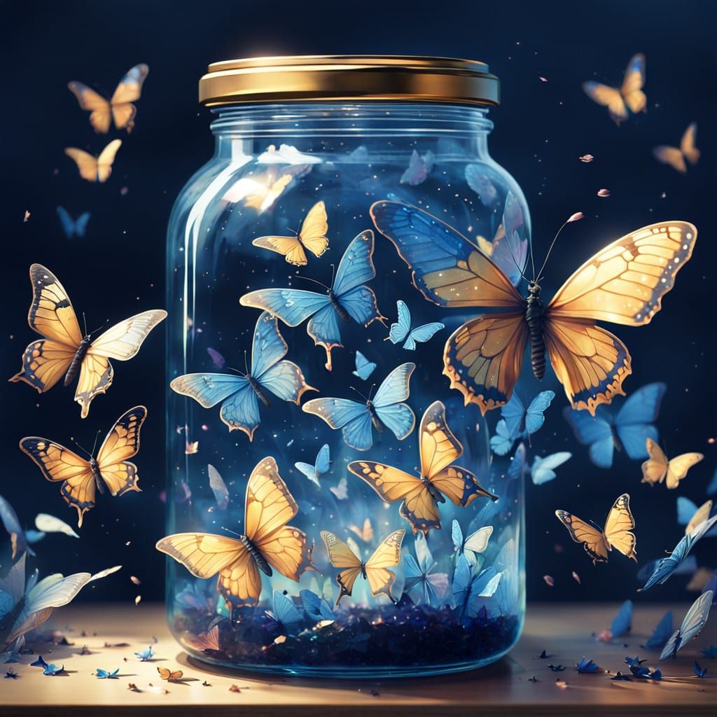 Delicate Glass Jar Filled with Swirling Butterflies in a Cin...