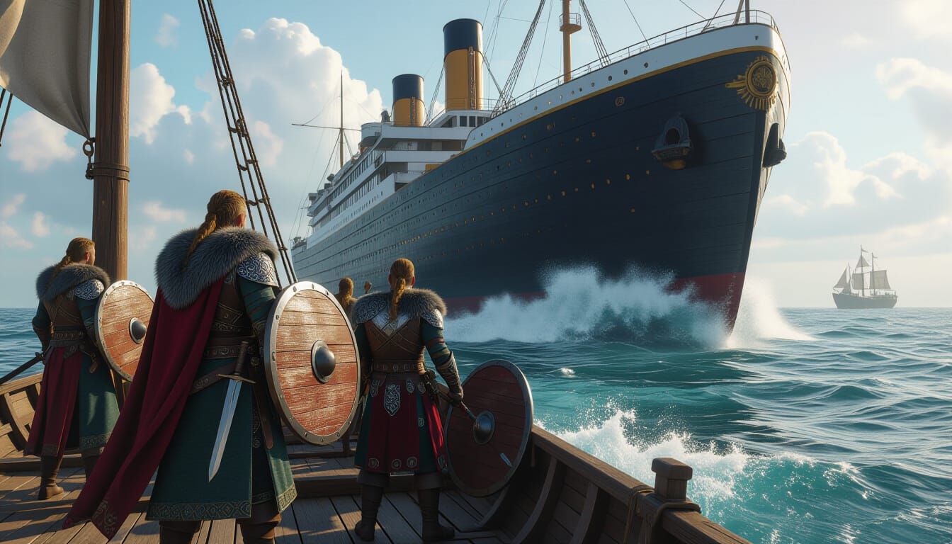 Vikings Encounter Colossal Vessel on Turbulent Seas