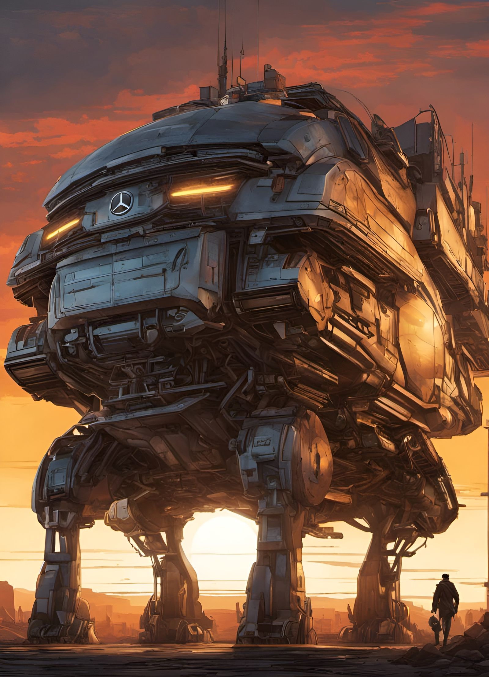 Walking Mercedes Benz at Sunset: Comic Book Art