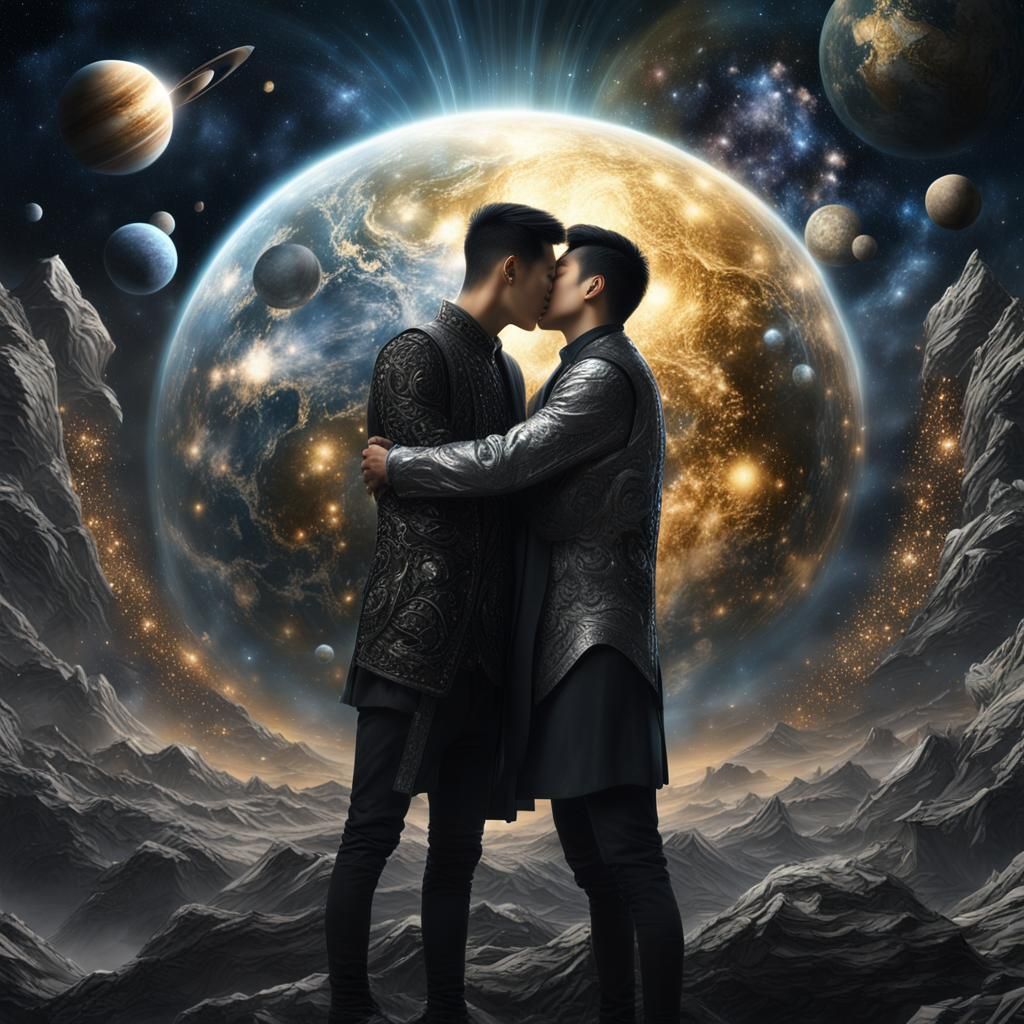 Celestial Embrace: Two Dream Men at Universe's Heart