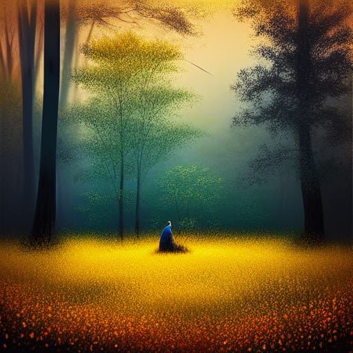 Ethereal Meadow Figure in Golden Light: Digital Art