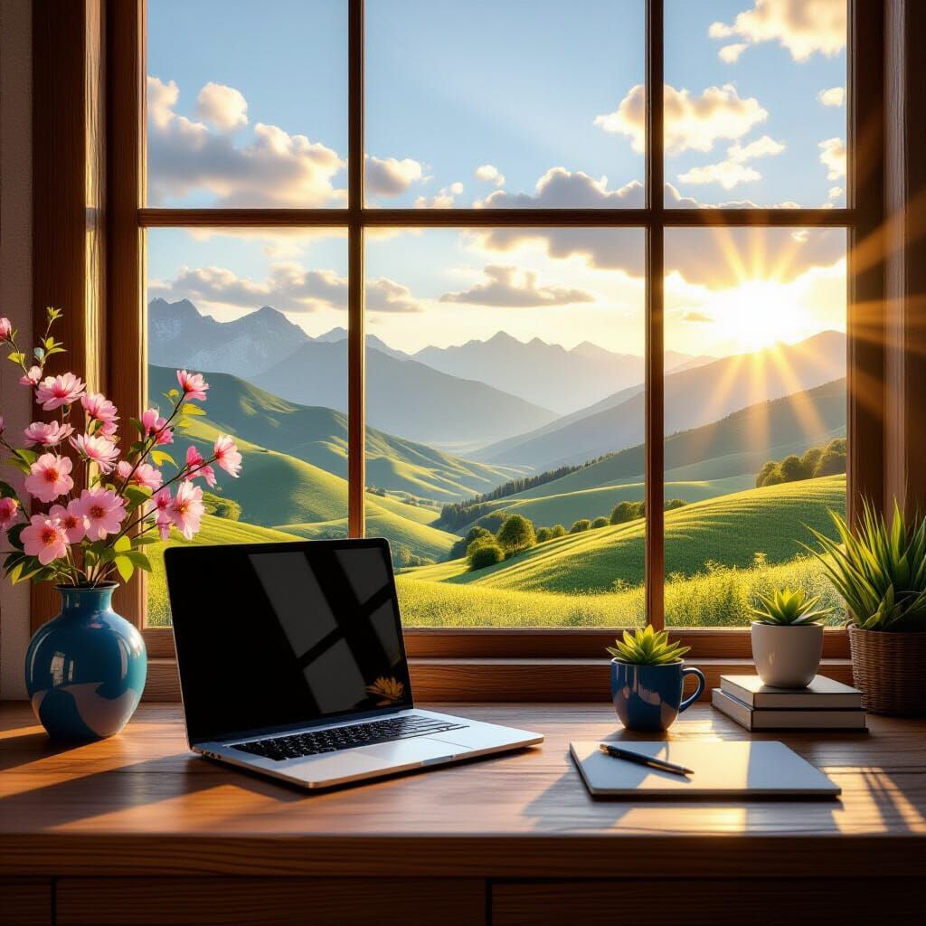 Cozy Workspace with Mountain View at Golden Hour