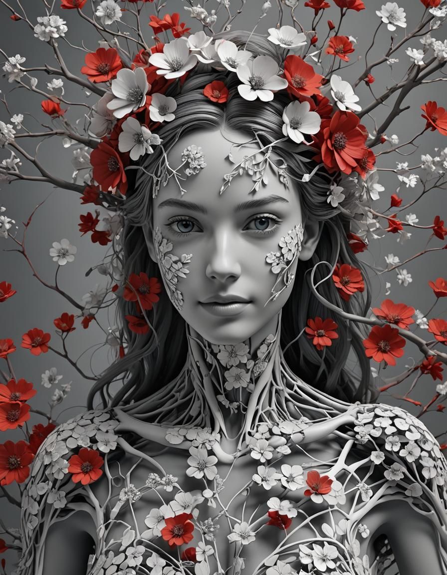3d girl in flowers with human and flower shaped branches 6