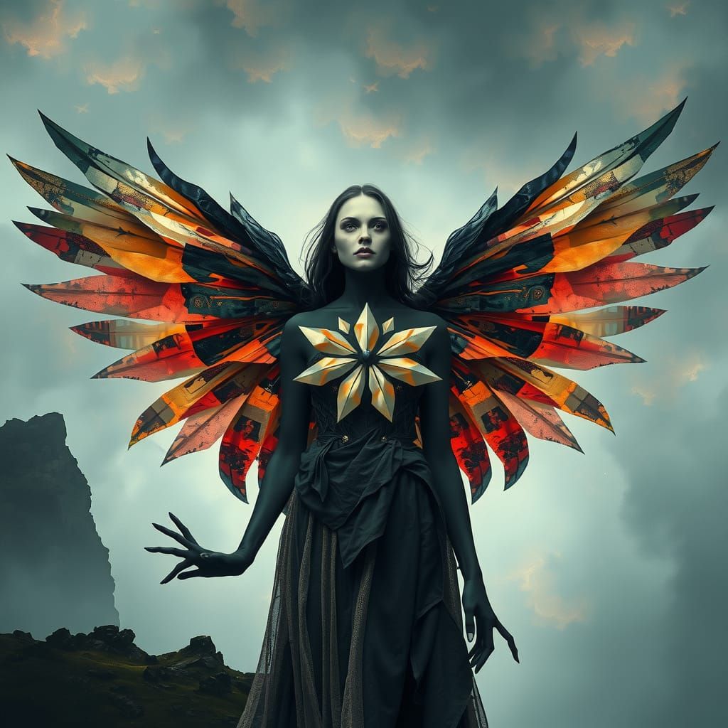 Winged Woman on Cliffside in Cubist Impasto Style