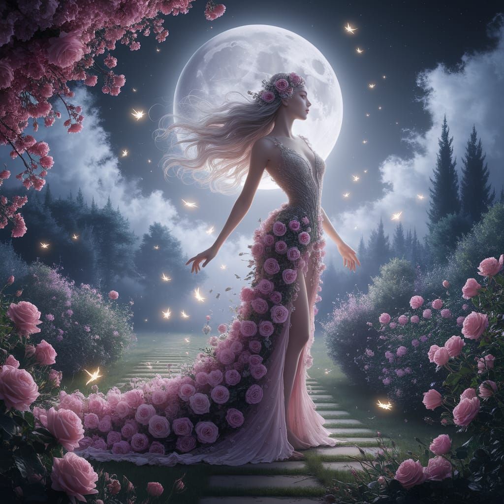 Ethereal Fantasy Rose Goddess in Moonlit Garden
