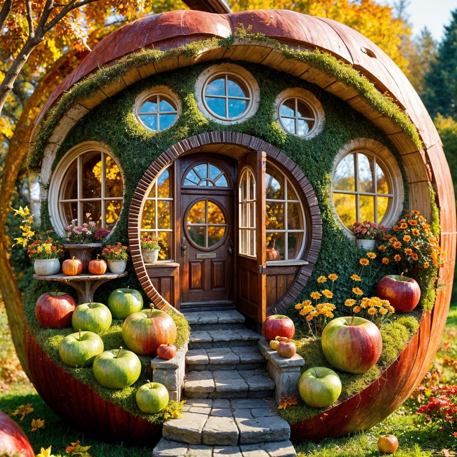 Hyperdetailed Apple House with Autumn Flowers