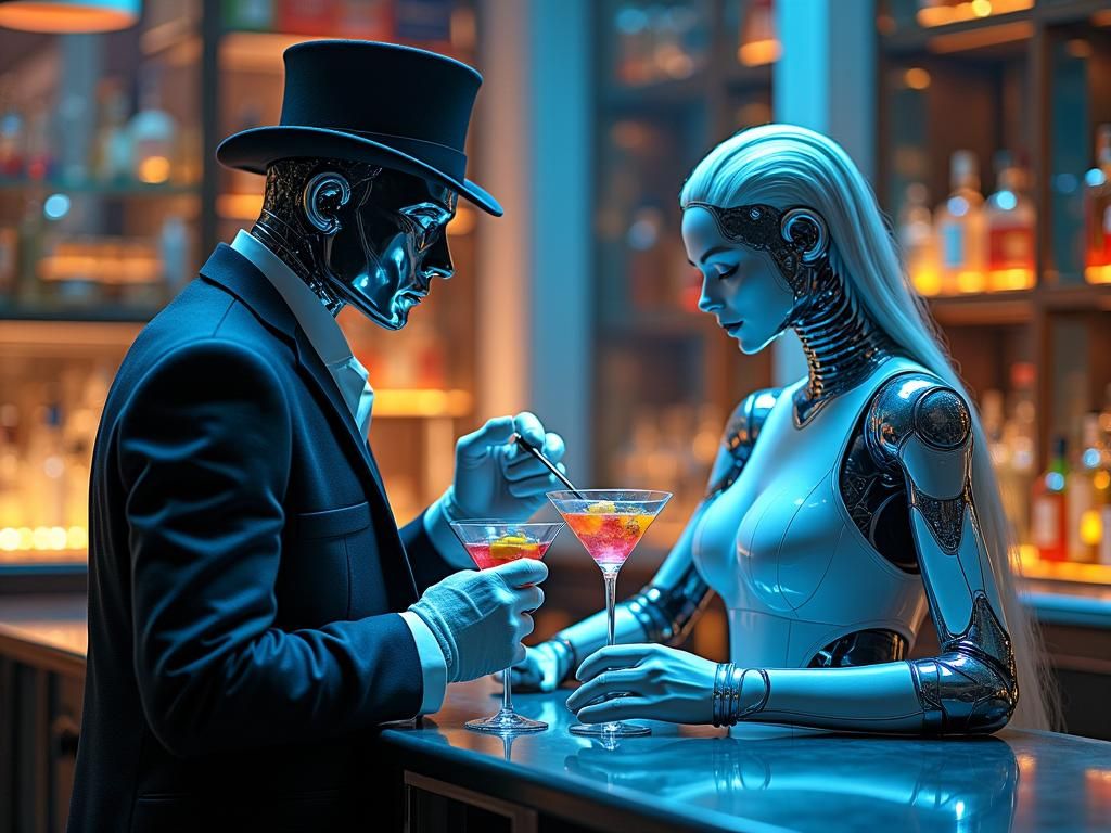 Futuristic Robot Bartender in Cubist Art Deco Bar