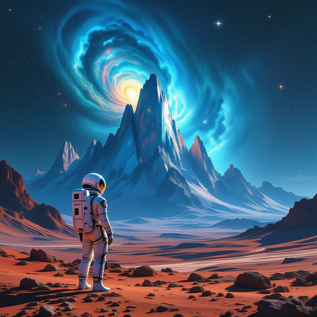 Astronaut Gazes at Crystal Mountains on Alien Planet