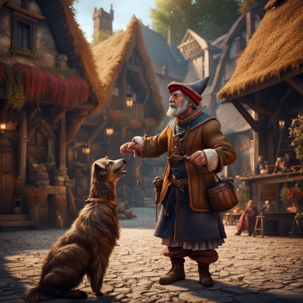 Medieval Puppeteer in Village Square: Fantasy Art