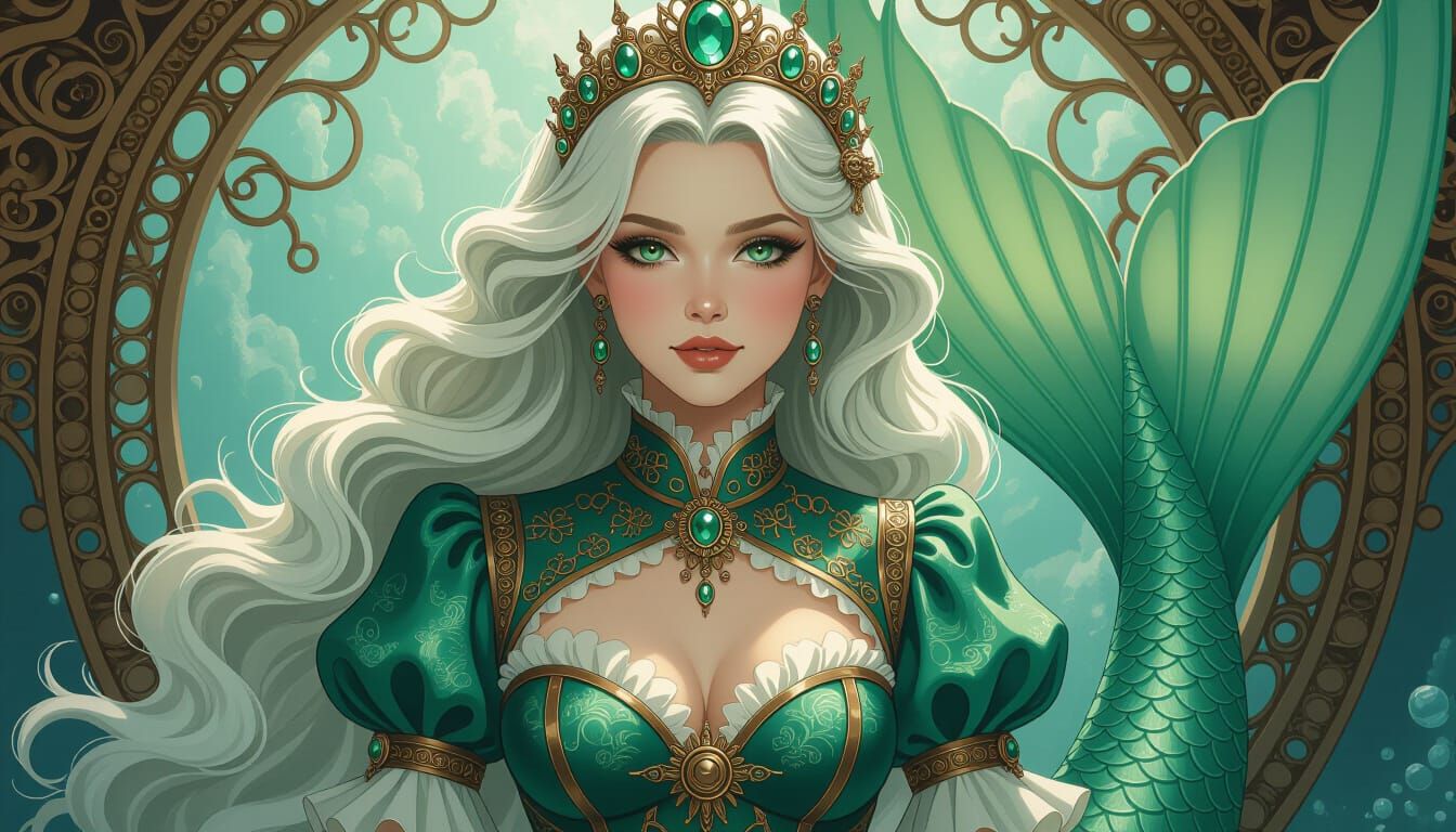 Steampunk Mermaid Queen with Seafoam Tail and Jade Tiara