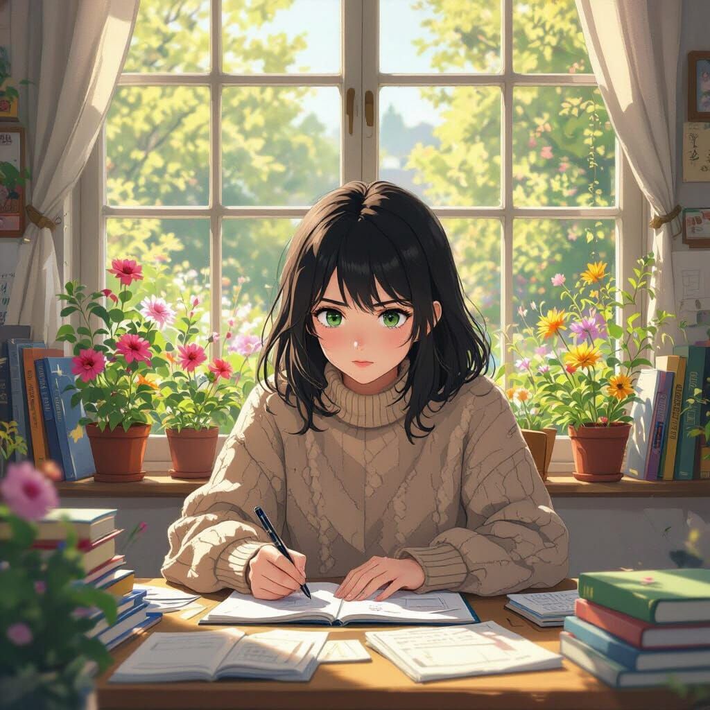 High School Girl Studying, Whimsical Art Style