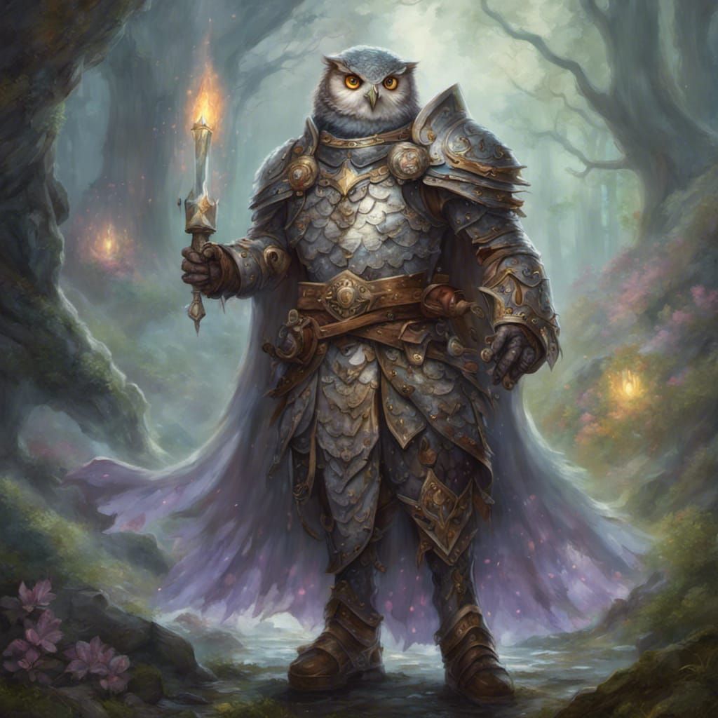 Owlin Cleric Heals in Ethereal Fantasy Landscape