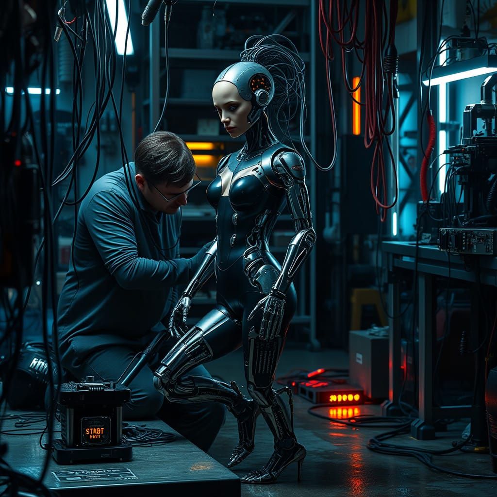 Mechanical Artist Crafts Cyborg Goddess in Futuristic Labora...