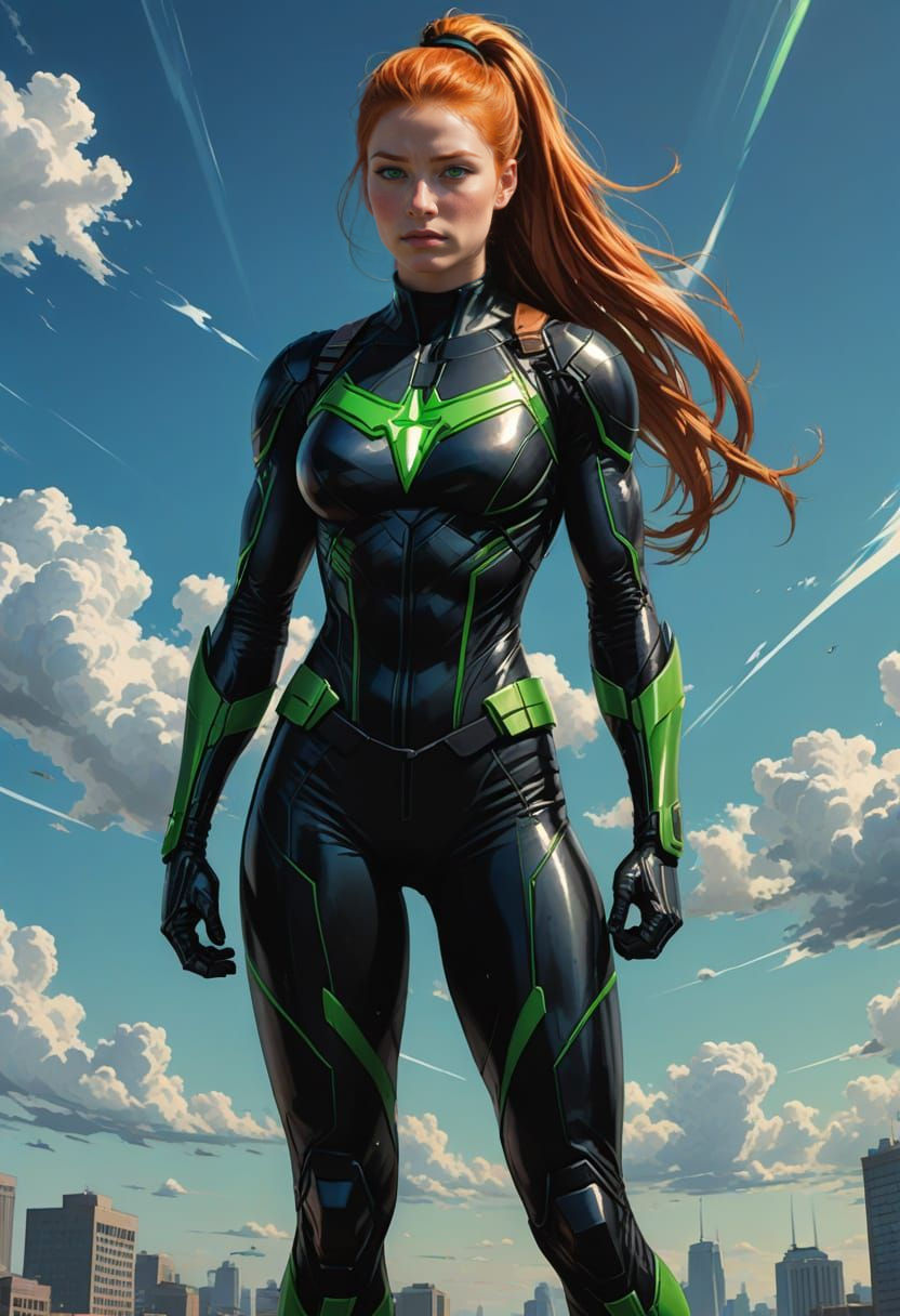 Ginger-Haired Superheroine Stands Confidently in Flight Suit