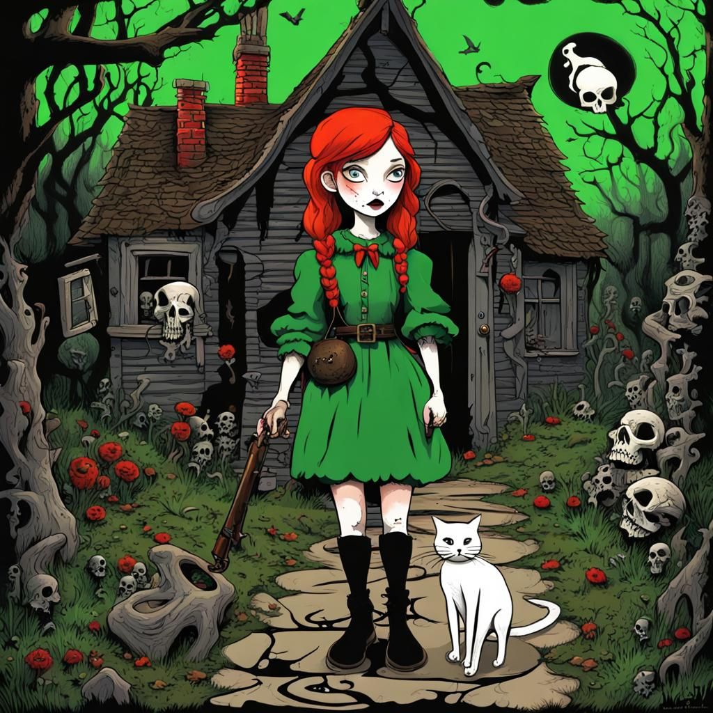 Peasant Girl Confronts Witch in Bone Cottage: Graffiti Art