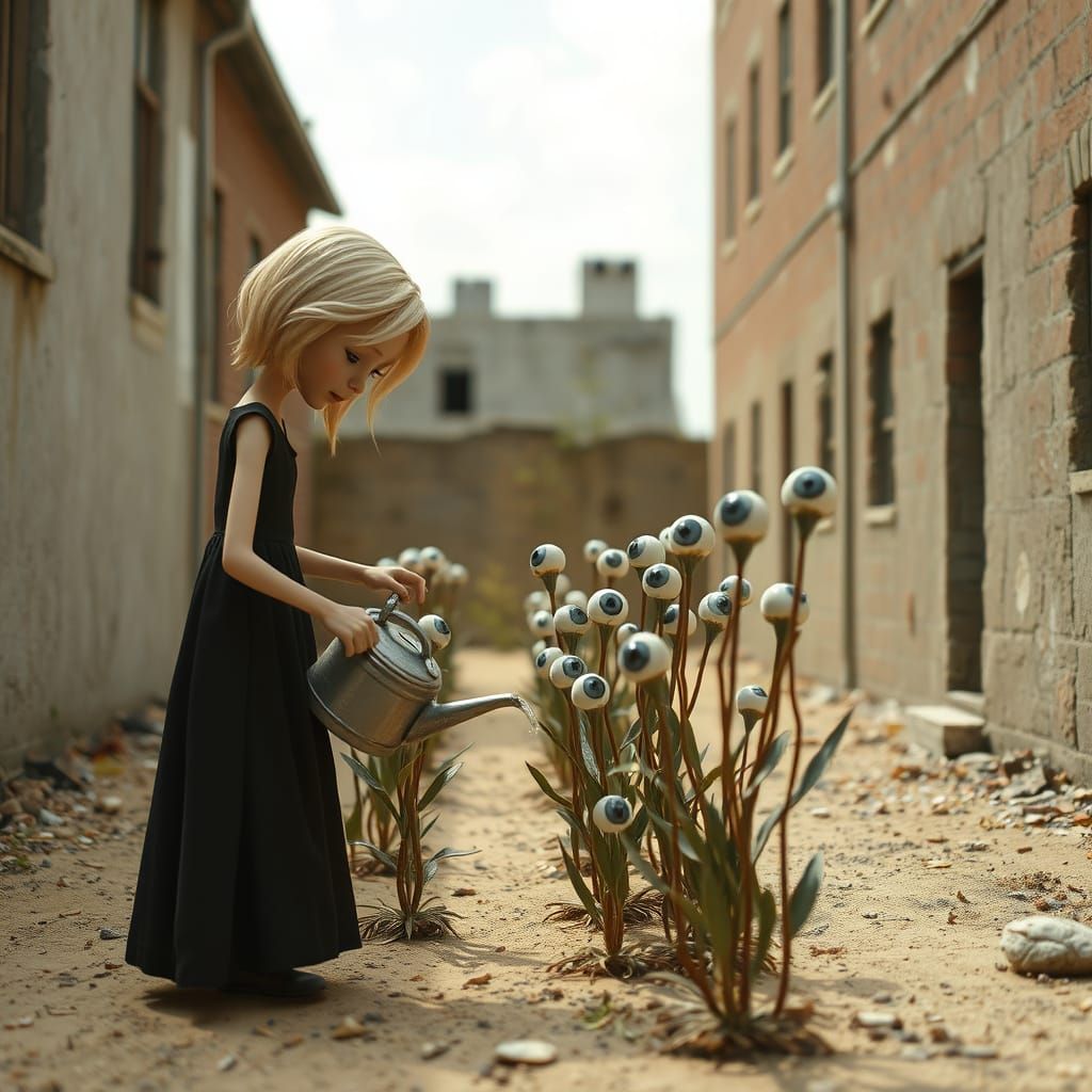 Girl Waters Eyeball Flowers in Surreal Wasteland