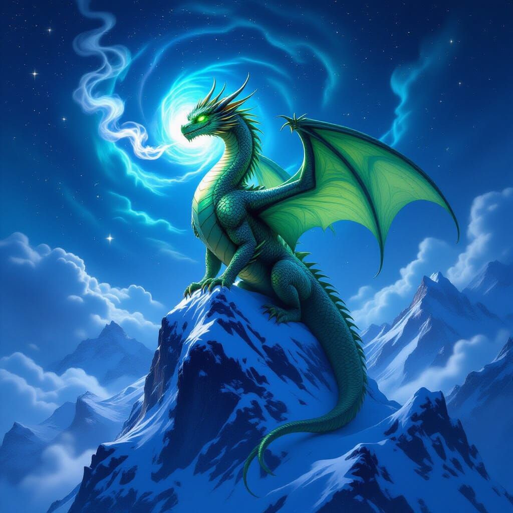Emerald Dragon on Snowy Peak Under Starry Sky