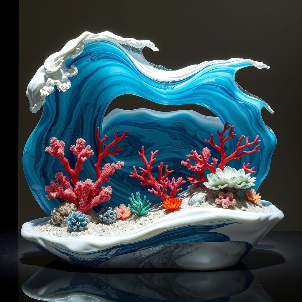 Ocean Wave and Coral Sculpture in Marble and Glass