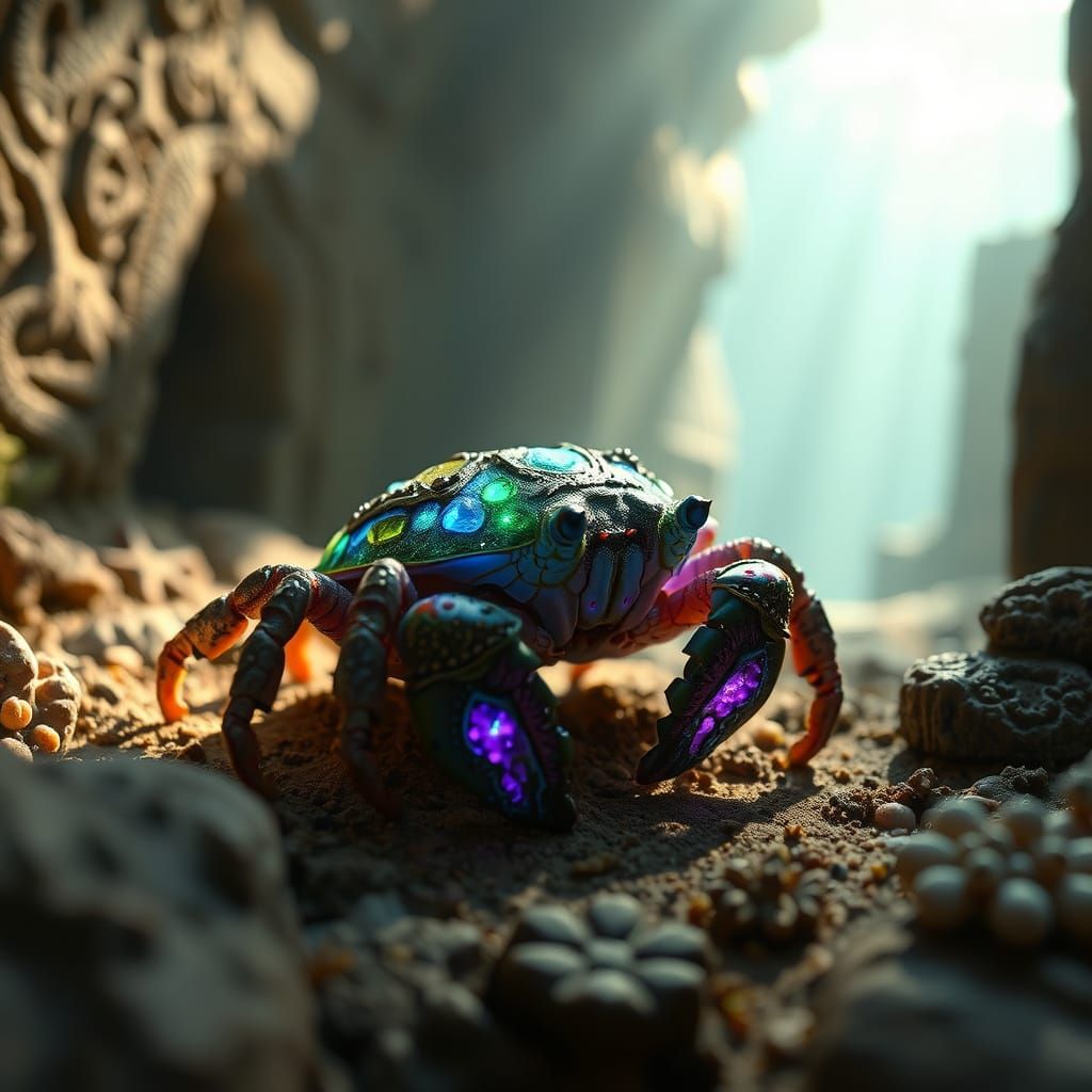 Bioluminescent Hermit Crab Exploring Sunken City Ruins