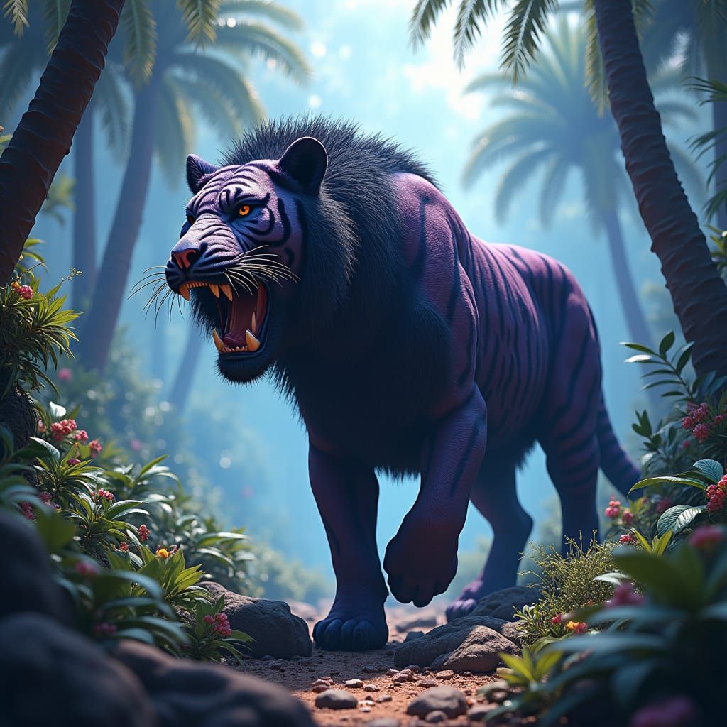 Blue Sable-Toothed Tiger in Prehistoric Landscape
