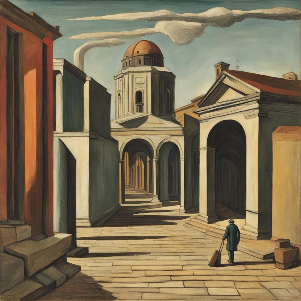 Metaphysical Cityscape in Gouache Style