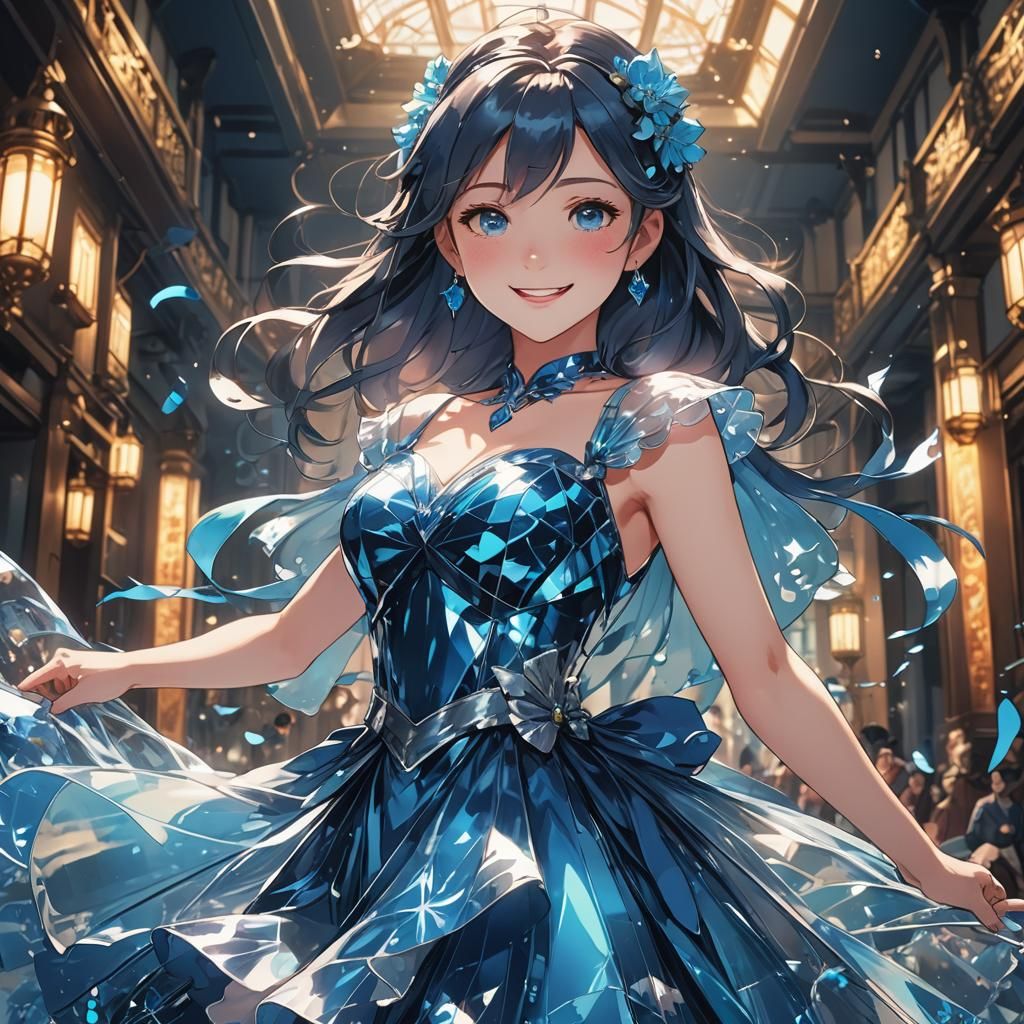 Happy Girl in Blue Dress Anime Style