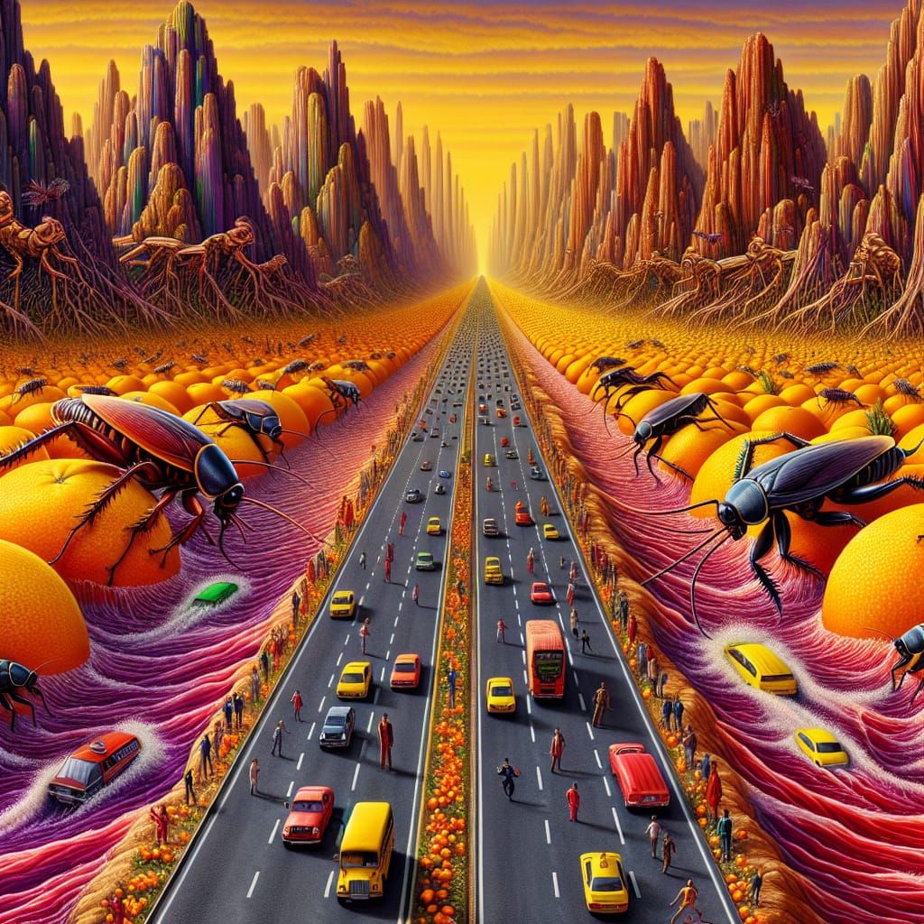 Hyperrealistic Cockroach Race Through Tangerine Mountains