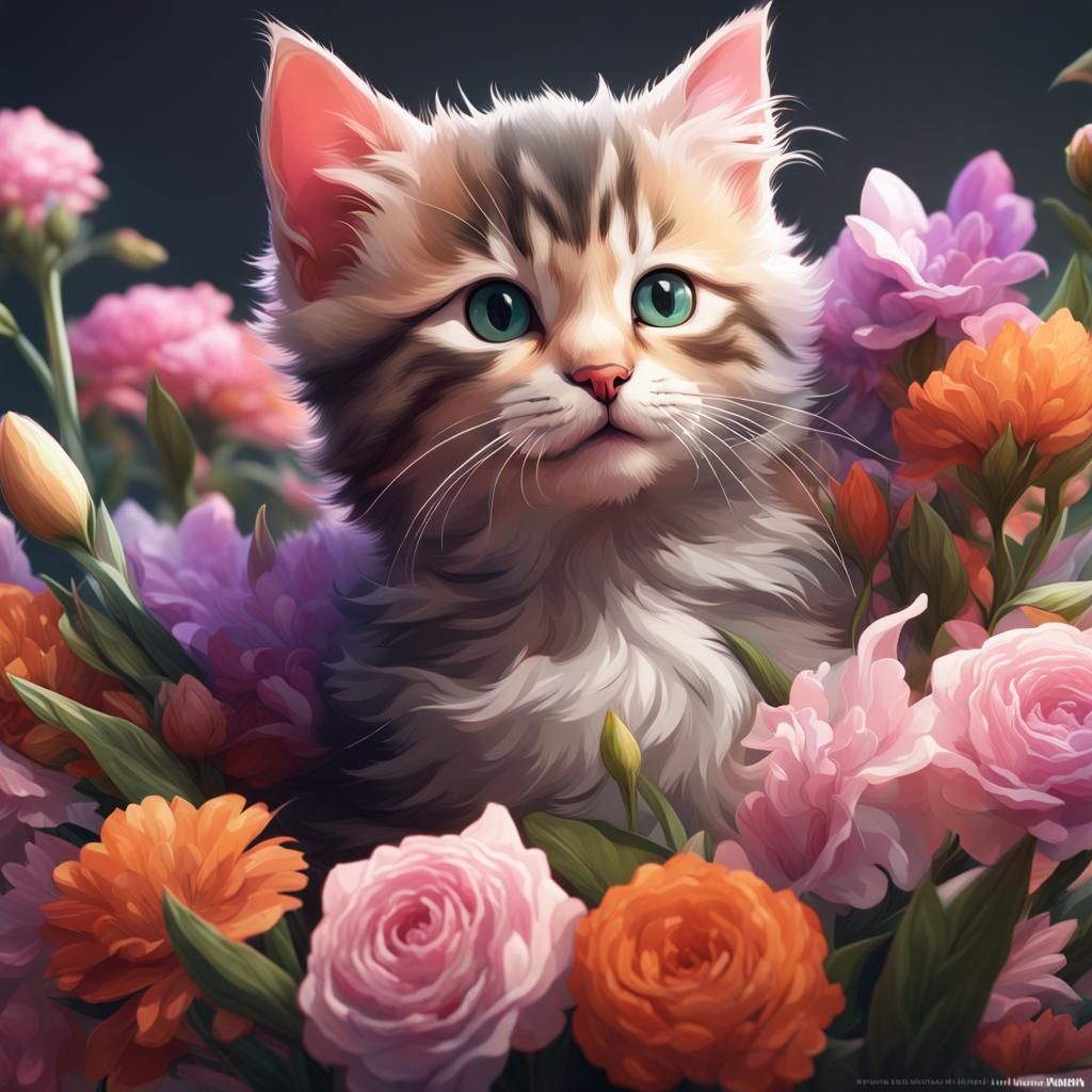 Kitten Portrait in Floral Bouquet, Hyperdetailed Concept Art