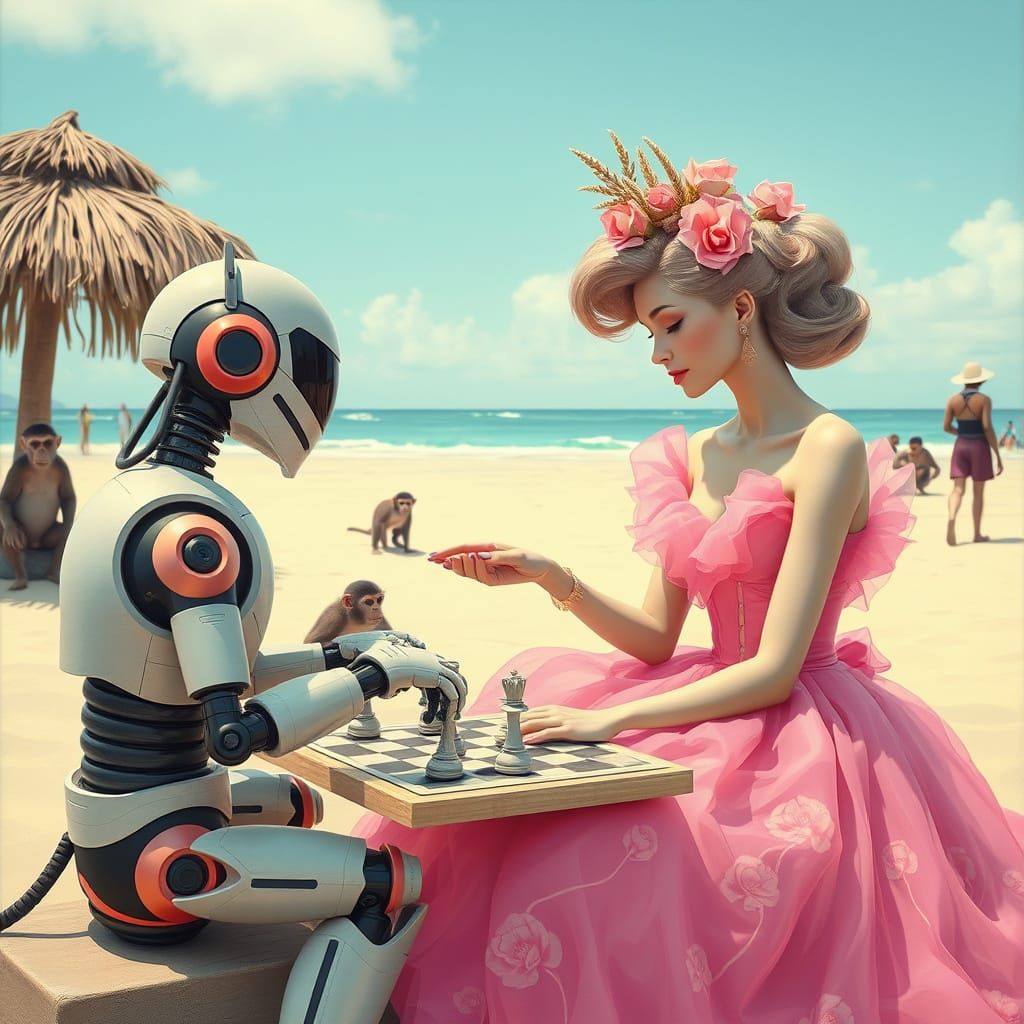 Bubblegum Queen and Robot Chess Match on Beach