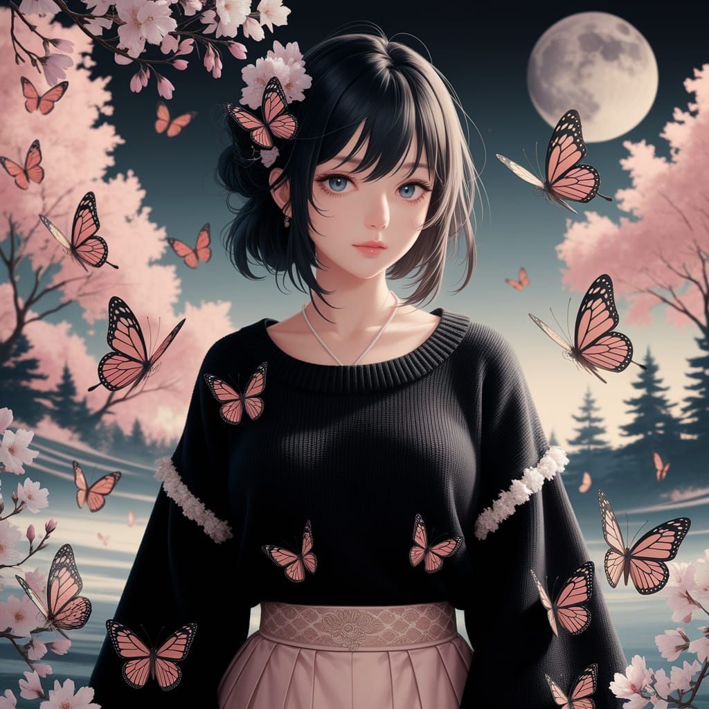 Whimsical Anime Butterflies on Vintage Japanese-Style Sweate...