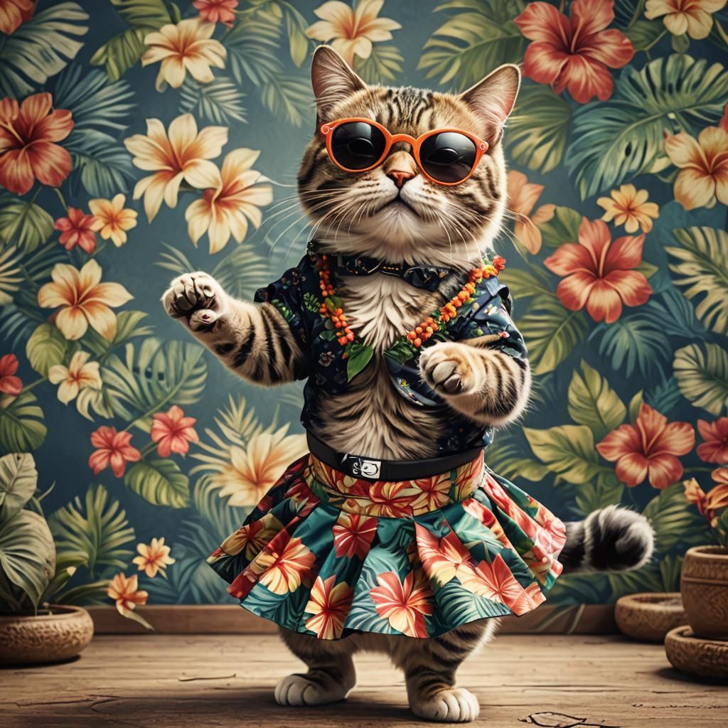 Cute Cat Dancing in Hawaiian Skirt