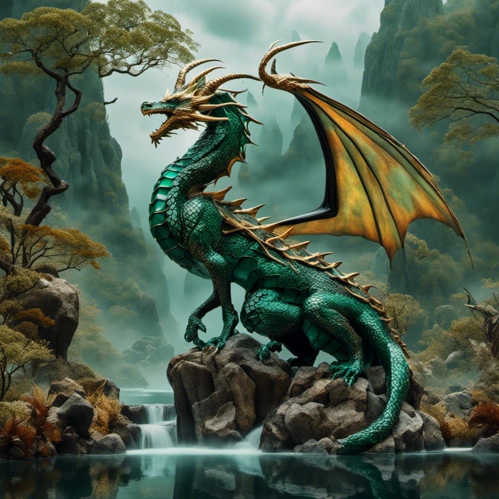 Malachite Dragon Curled Around Tree in Misty Landscape