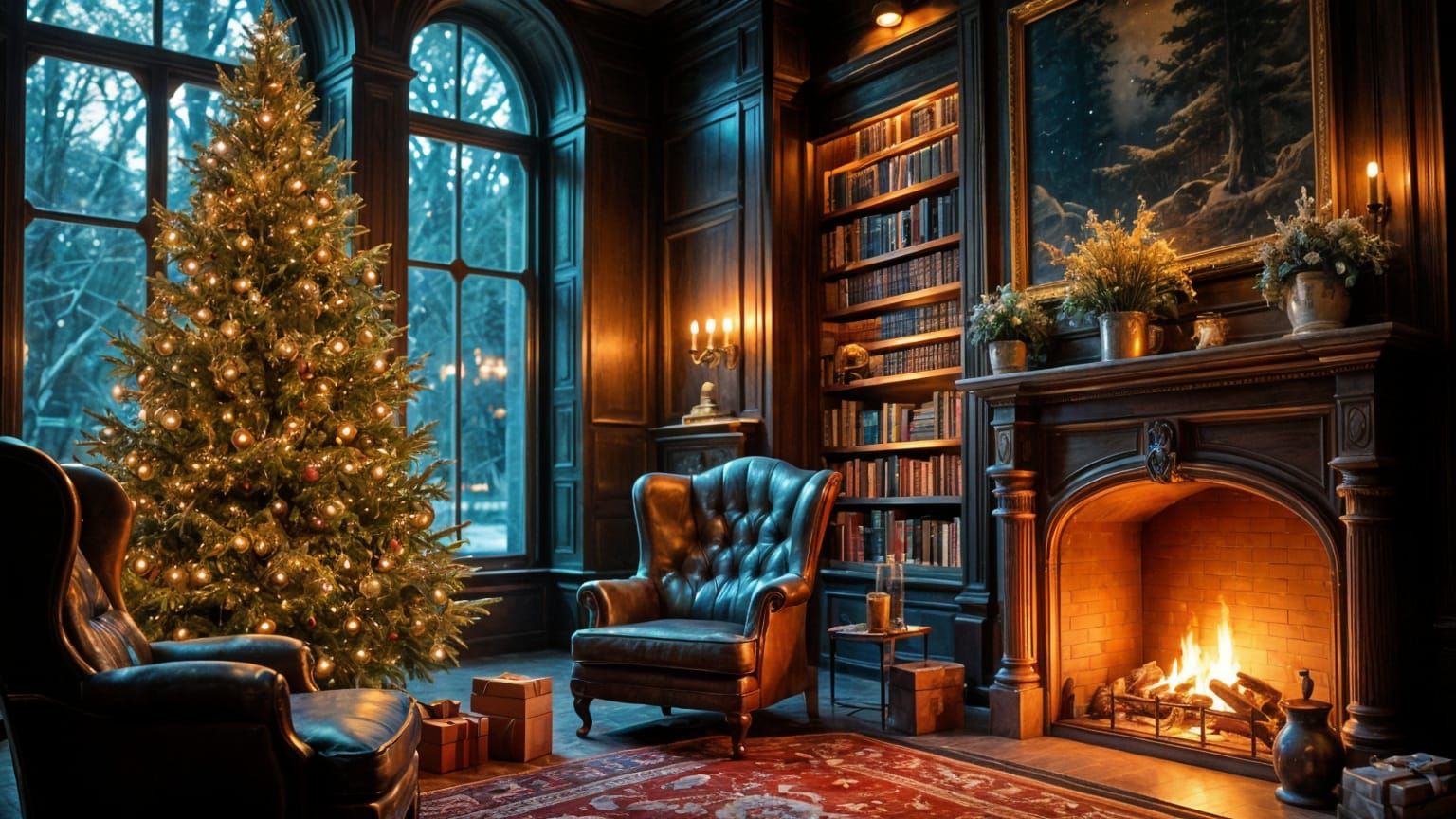 Grand Library at Dusk During Snowstorm with Christmas Tree