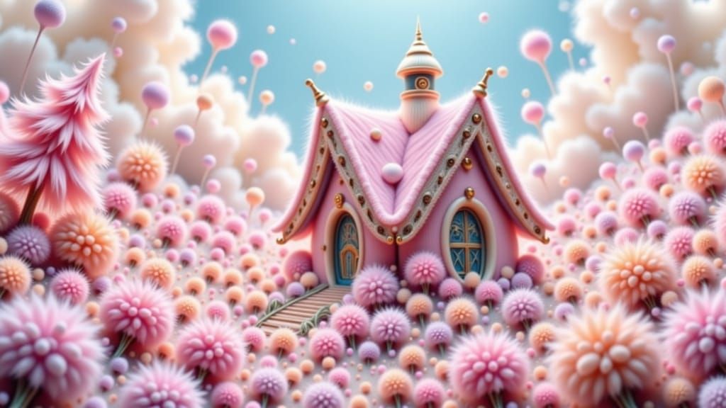 Whimsical Pastel Landscape with Fluffy House and Lace Detail...