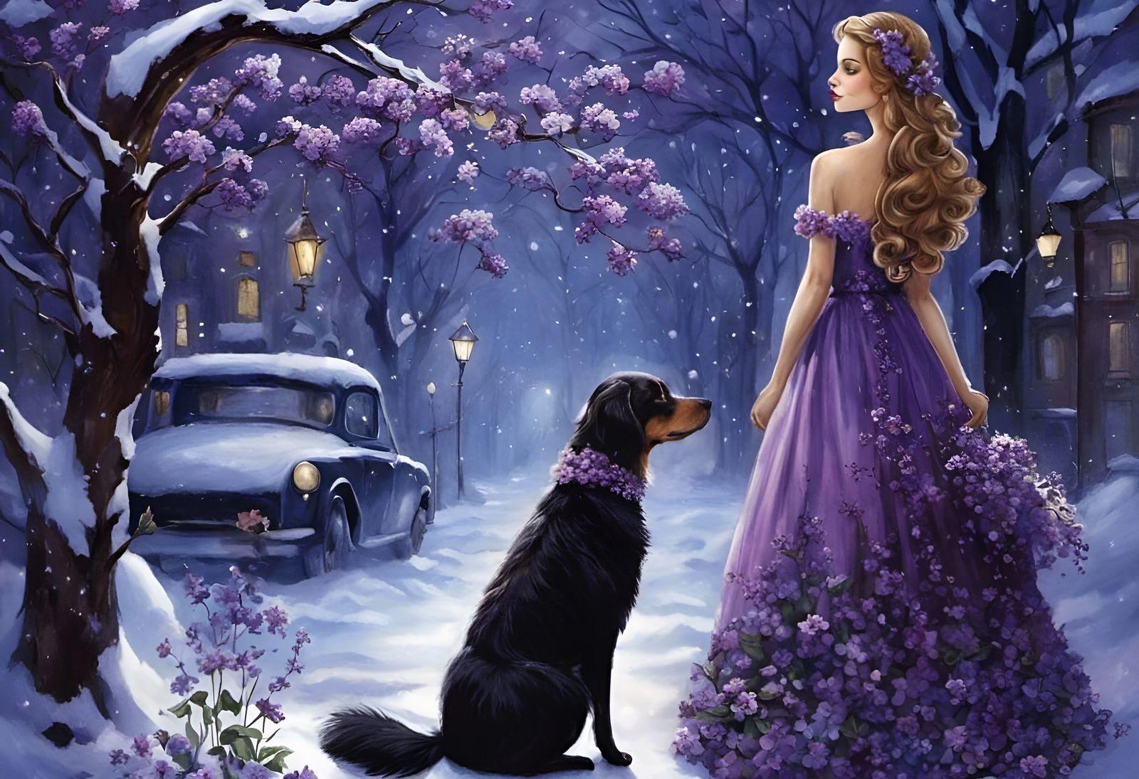 Girl and Dog in Snowy Floral City, Anime Style